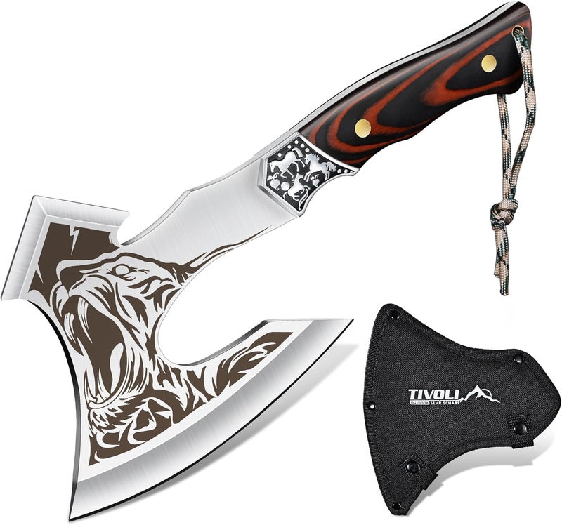 Tivoli Camping Axe, Tiger - Patterned Survival Hatchet with Nylon Sheath, High Carbon Steel Blade Compact Outdoor Bushcraft Axe with Ergonomic Wood Grip, Camping Gear for Hiking, Chopping, Hunting - Image 1